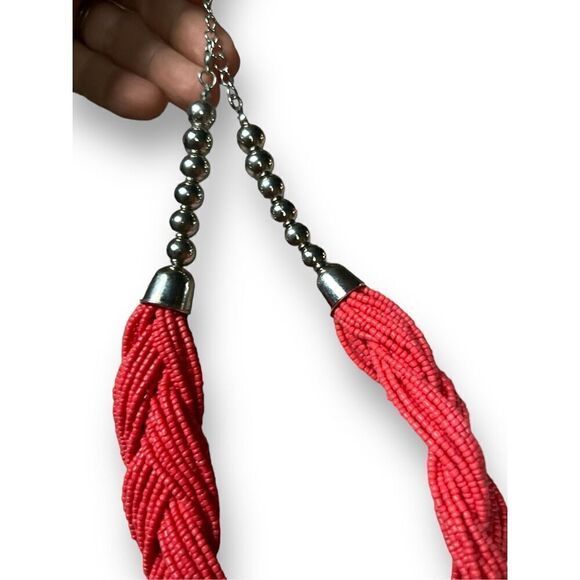 Bundle Sale 3 for $15 | Pink Braided Seed Bead Necklace | Silver Tone Accents - Picture 5 of 7